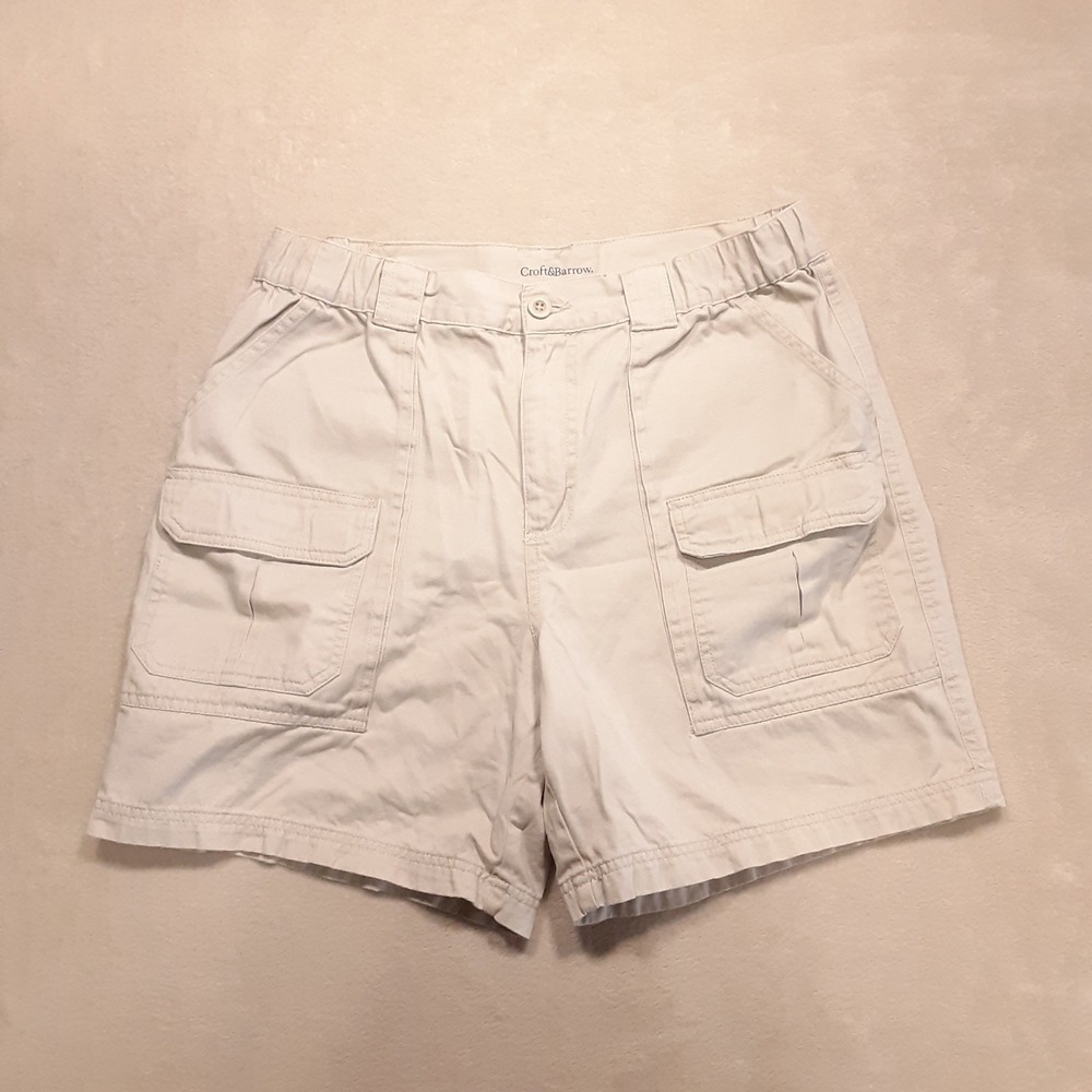 Croft & Barrow Mens Elastic Waist Cargo Shorts 34 Ivory Off White 6" Inseam
